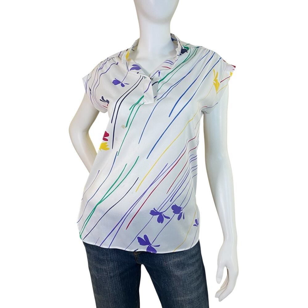 1980s Ecobay Abstract Floral Blouse Colorful Striped Vintage Shirt Small